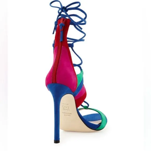 Stuart Weitzman Legwrap Song Colorblock Suede Heels sandals